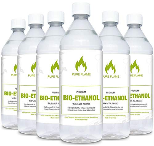 Bioethanol 96,6 – 6x1L Flaschen zum handlichen Gebrauch - TÜV geprüfte Reinheit, Qualität, Sicherheit & nachhaltige Herstellung - Made in Germany