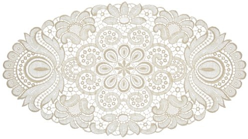 Plauener Spitze 67952_e_2545 Design Plauen, Größe 25 x 45 cm oval, Creme | Made in Germany, Gestickte Guipure-Spitze & Handstickerei, 100% Baumwolle