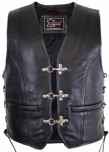 MDM Herren Biker Lederweste aus echtem Rindsleder 1,1–1,2 mm, Chopper Kutte mit 3 Chromverschlüssen, Seitenschnürung, 4 Taschen und farbiger Lederumrandung