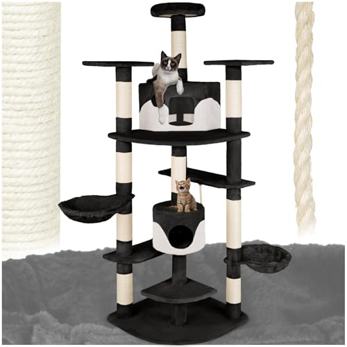 tectake® Rascador Árbol para Gatos 4 Plataformas, 2 Casetas, Varias Alturas, 2 Nidos Basculantes, Rascador para Gatos Grandes, Casa para Gatos - 204 cm Negro/Blanco