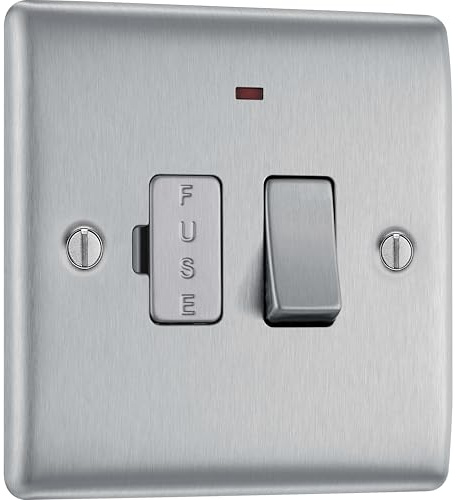 BG Electrical Switched Fused Connection Unit with LED Power Indicator, Fused Spur Switch, Double Pole, Raised and Slim Profile, Round Edges, Nexus Metal, Brushed Steel, 13A, NBS52