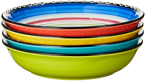 Tequila Sunrise 9.25-Inch Soup and Pasta Bowls Set of 4, 38 oz Large Colorful Ceramic Bowls, Assorted Fiesta Stripe Designs, Microwave Safe Southwest Tableware for Meals & Entertaining