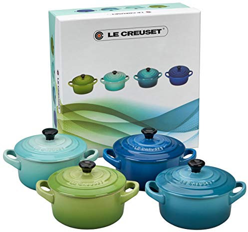 Le Creuset, Set de 4 Mini-Cocottes Rondes, 200 ml, 10 x 5 cm, Céramique, Multicolore (Vert/Turquoise/Bleu/Bleu Foncé)