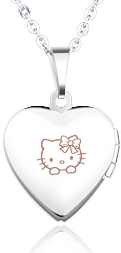 Unendlich U Hello Kitty Muster Eingraviert Öffenbares Herz Foto Medaillon Edelstahl Rosa Damen Mädchen Frauen Anhänger Halskette für Feiertag Geburtstag Gedenktag Jubiläum