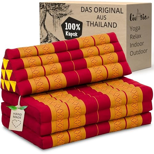 livasia Thaikissen 3 Auflagen für Paare XXL - 190x80x8cm - Dreieckskissen Klappmatratze, extrabreit Kapok, Rückenkissen faltbar, Thaimatte zum Klappen, Meditationskissen (Rot/Gelb)