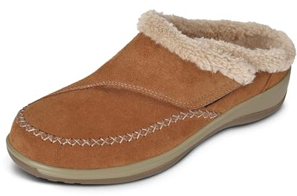 Orthofeet Women's Orthopedic Charlotte Adjustable Faux Fur Lined Slipper, Tan, Size 7