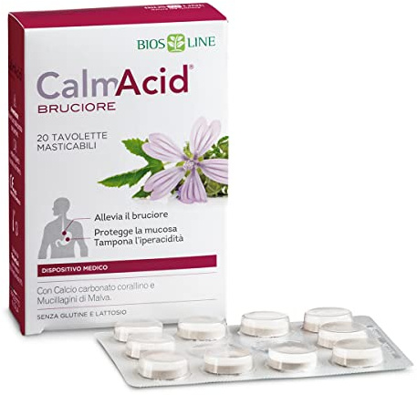 BIOS LINE Calmacid Bruciore, Dispositivo Medico Contro il Bruciore e Acidità di Stomaco, Allevia il Bruciore, Protegge la Mucosa, Senza Glutine e Lattosio, 20 Tavolette Masticabili