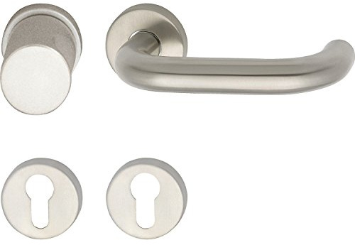 GRUNDMANN Geos 102837 1754/D6K Handle Set on Rosette PZ ÖNORM Door Fitting VK 8.5, Matte Stainless Steel, Silver