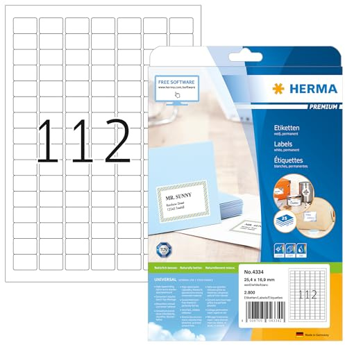 HERMA 4334 universella etiketter A4 små (25,4 x 16,9 mm, 25 ark, papper, matt) självhäftande, utskrivbara, permanenta adressetiketter, 2 800 klistermärken, vit