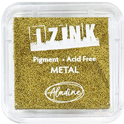 Aladine – Stempelkissen Izink Pigment Metall Gold – Stempelkissen goldfarben langsam trocknend – Scrapbooking, Embossing und kreative Karten – Größe M – 5 x 5 cm – Farbe Metallic Gold