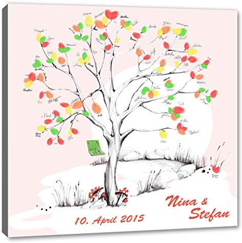galleryy.net Fingerabdruck-Leinwand 60x60 mit NAMEN & DATUM - INKL Zubehör-Set (Stempelkissen+Stift+Anleitung+Hochzeitsbuch+...) - Wedding Tree Sonne - Fingerabdruck Baum Leinwand