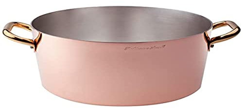 Pentole Agnelli ALCU10424 Casseruola alta, Rame liscio stagnato a mano, con due maniglie in ottone, 24 cm