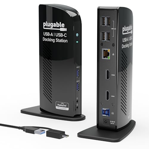 Plugable Universal Laptop Docking Station Dual HDMI Monitor for Windows and Mac (Driver Required), USB 3.0 or USB-C, 2X HDMI, Gigabit Ethernet, Audio, 6 USB Ports (UD-3900)
