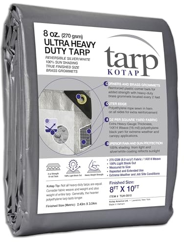 Kotap TUH-0810 Lona de protección/cobertura ultra resistente, tejido superior para una mayor durabilidad, 16 mil, reversible, Blanco plateado, 8 x 10 Ft