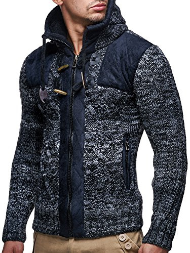 Leif Nelson Stickad jacka för män med huva Slim Fit grovstickad modern svart huvtröja för män vinterjacka långärmad grovstickad LN20525, svart, L