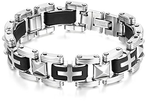 JewelryWe Schmuck Herren Armband Edelstahl Kautschuk Kreuz Rechteck Link Biker Armkette Handgelenk Schwarz Silber Geschenk für Männer