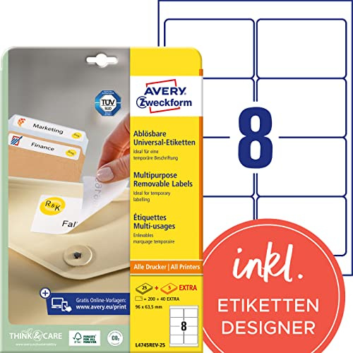 AVERY Zweckform L4745REV-25 Universal Etiketten (200 plus 40 Klebeetiketten extra, 96x63,5mm auf A4, wieder rückstandsfrei ablösbar/abziehbar, bedruckbar, selbstklebende Aufkleber) 30 Blatt, weiß