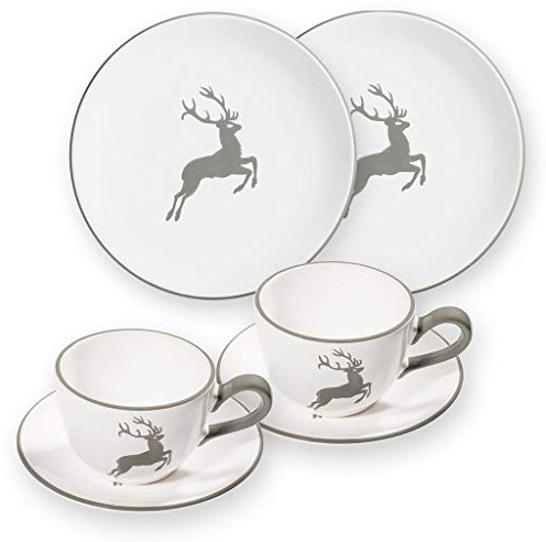 GMUNDNER KERAMIK Breakfast for two Classic Geschirrset grauer Hirsch Geschirr, handgemacht in Österreich