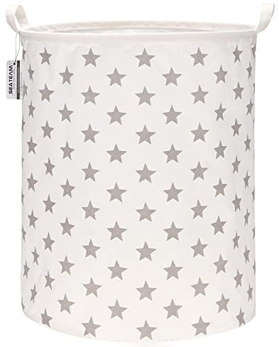 Sea Team 19,7 Zoll große Größe wasserdichte Beschichtung Ramie Cotton Fabric Folding Wäschekorb Eimer Zylindrische Sackleinen Leinwand Aufbewahrungskorb mit stilvollen grauen Sternen Design