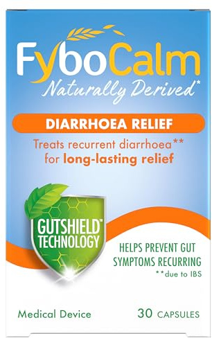 Fybocalm Diarrhoea relief, 30 capsules, Naturally derived, Diarrhoea relief for adults, long-lasting relief, for IBS-related constipation, Clinically proven, Gluten free, Lactose free