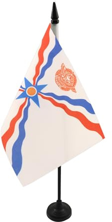 AZ FLAG Drapeau de Table Assyrie nouveau 21x14 cm Socle Plastique | Usage intérieur Drapeau de bureau finition cousue et bords renforcés avec mât en plastique et socle en plastique