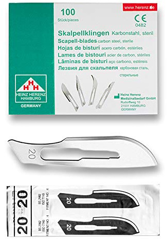 May Skalpellklingen Figur 20 für Halter Nr. 4 Karbonstahl 100 Stk | 100 sterile Karbonstahlklingen der Figur 20 (Heinz Herenz). Passgenau für Skalpellhalter Nr. 4, ideal für die Fußpflege.