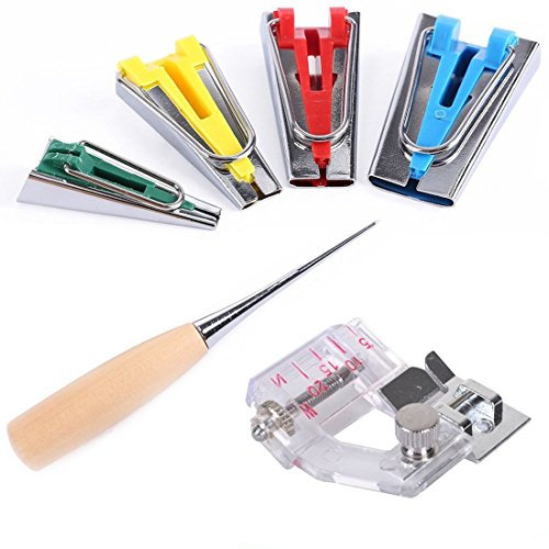 Musuntas 4er-Set Fabric Bias Tape Maker Größe Stoff Schrägband Hersteller-Werkzeug 6mm, 12mm, 18mm, 25mm Schrägbandformer Ahle Tape Maker+Wooden Awl +Tape Binding Presser Foot