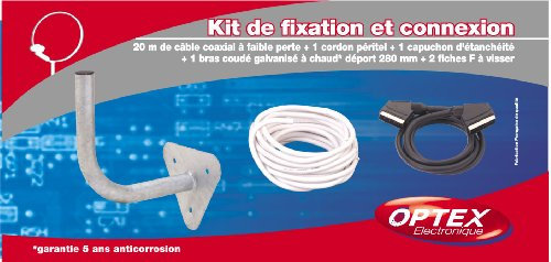 Kit de fixation et connexion satellite : 1 bras coudé + 20 m de cable coaxial + cordon péritel + fiches F + capuchon d'étanchéité