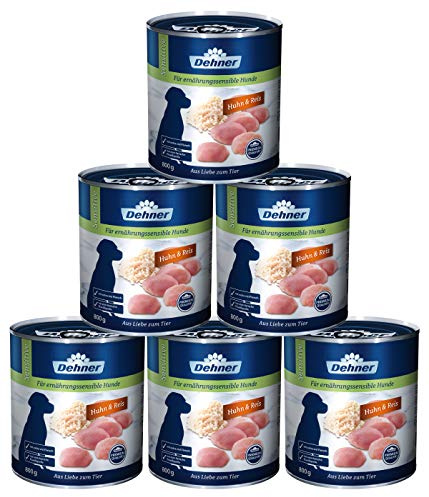 Dehner Premium Hundefutter Sensitive, Nassfutter zuckerfrei / getreidefrei, für ausgewachsene ernährugssensible Hunde, Huhn / Reis, 6 x 800 g Dose (4.8 kg)