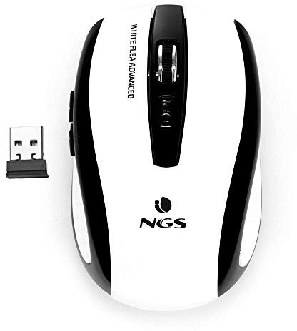 NGS FLEA ADVANCED WHITE - Mouse Ottico Senza Fili 2.4GHz, Mouse USB per Ordinatore o Laptop Con 5 Pulsanti e Scroll, 800/1600dpi, Bianco e Nero