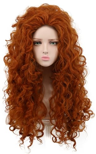 Yuehong Damer lång lockig orange peruk röd våg prinsessa kostym cosplay hår värmetålig syntetisk fiber fluffig peruk