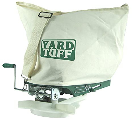 Yard Tuff Outdoor Lawn Garden 25 Pounds Shoulder Seeder and Grass Seed Spreader with Canvas Bag and Shoulder Strap, Green/White