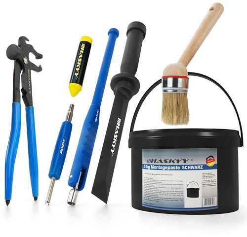 5kg Reifenmontagepaste Montagepaste Schwarz Reifenmontage Set inkl. Ventildreher, Ventileinzieher, Profi Auswuchtzange für Klebe- und Schlaggewichte & Fettkreide