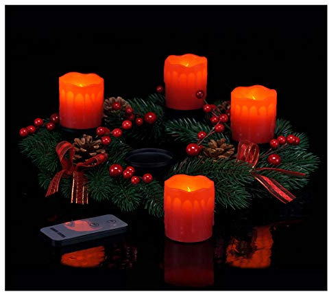 Spetebo Corona de Adviento con 4 velas LED y mando a distancia, corona de Navidad roja con velas de cera real
