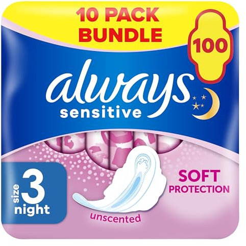 Always Sensitive Ultra Night Sanitary Towels with Wings, Size 3, 100 Towels (10 x 10 Packs), Saving Box, Odour Neutraliser, Super Absorbent Core