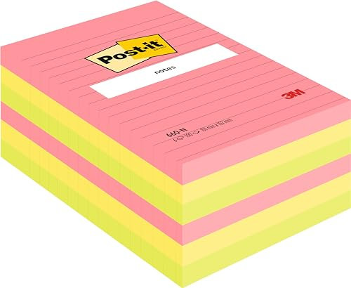 Post-it Notes im Großformat, Verschiedene Neonfarben, Liniert, 6 Blöcke, 101 mm x 152 mm, 100 Blatt pro Block - Extra-stark klebende Notizzettel für To-Do-Listen und Erinnerungen