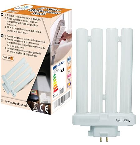 ARSUK Lampadina Fluorescente 27W Luce diurna per Lampade da Studio, GX10Q-4 – CFL a 4 Pin, 6500K Bianco – Tubo Fluorescente Risparmio Energetico di Ricambio per Scrivania, Ufficio e Lampade da Lettura