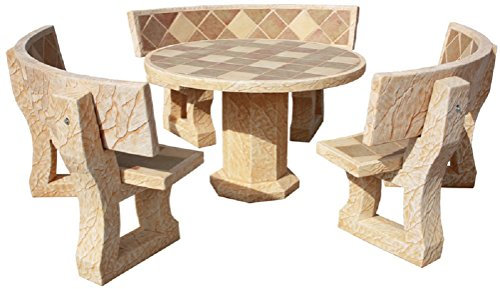 AnaParra Conjunto DE Mesa EN Piedra Redonda con RESPALDOS Azulejos 120cm. Mod.Arsen