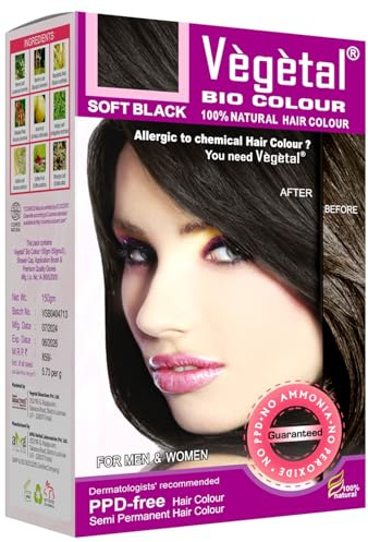 Vegetal Bio Hair Color - Soft Black 150g | Hypoallergenic Hair Color | Ammonia-Free, PPD-Free hair dye | Semi-Permanent Dye for Men and Women | Protects UV and Maintains Luster | Complete Kit Included