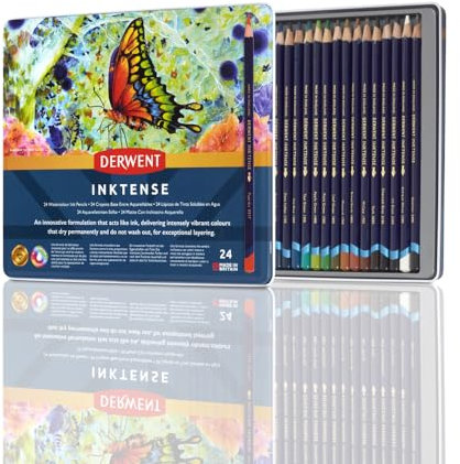 Derwent Inktense Permanent wasserlösliche Aquarellstifte, 24er Set in Metallbox, 4 mm Premium-Kernstärke, ideal zum Ausmalen, Malen und Basteln, professionelle Qualität (0700929)