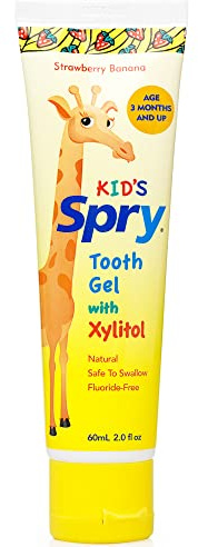 Spry Dentifrice Naturel au Xylitol pour Enfants (+3 Mois) – Gel Dentaire Sans Fluor, Soutient le Développement des Premières Dents, Strawberry Banana 60 ml (Pack of 1)