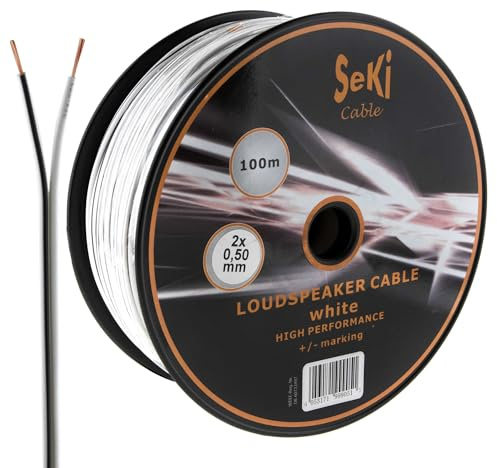SeKi Lautsprecherkabel Weiß 2x 0,50mm² – 100 Meter Spule | CCA-Kupfer Boxenkabel für klaren Sound bei HiFi, Heimkino und Car-HiFi mit Polaritätskennzeichnung