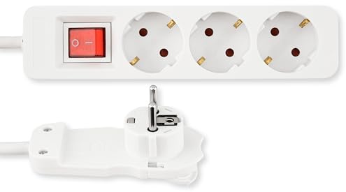 REV Steckdosenleiste - Mehrfachsteckdose 3-Fach mit Flachstecker & beleuchtetem Schalter zum Stromsparen, Kabel 2m, max. 3680W, weiß