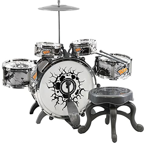 MTS Junior Rock Drum Set - Black & White Kids Percussion Kit with 5 Drums, Cymbal, Stool & Sticks - Beginner Musical Instrument Toy for Boys & Girls Age 3+