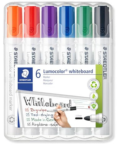 STAEDTLER Whiteboard Marker Lumocolor, trocken und rückstandsfrei abwischbar von Whiteboards, Rundspitze, ca. 2 mm Linienbreite, hohe Qualität, Set mit 6 Farben, 351 WP6