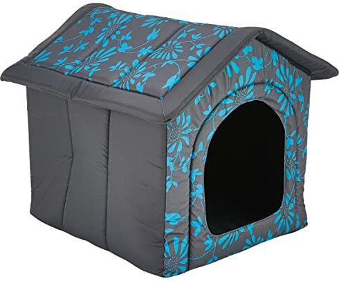 HobbyDog Hundehaus Hundehütte für mittelgroße Hunde - Katzenhaus, Katzenhöhle - mit herausnehmbarem Dach - Tierhaus für Katzen und Hunde für Drinnen/Indoor 60 x 55 x 60 cm [XL] in Blau Blumen