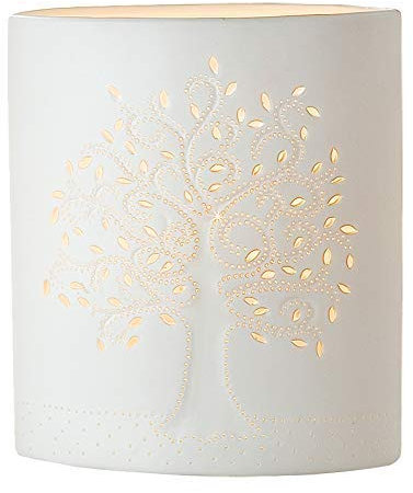 GILDE Lampe Tischlampe Dekolampe Lebensbaum - aus Porzellan mit Lochmuster im Prickellook H 28 cm
