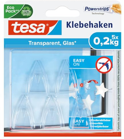tesa Klebehaken für transparente Oberflächen und Glas (0,2 kg) - Durchsichtige, selbstklebende Haken - Bis zu 0,2 kg Halteleistung pro Haken, 5-er Pack