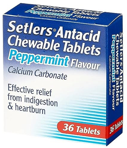 Setlers Antacid Chewable Tablets, Peppermint Flavour, 36 pack, Contains Calcium Carbonate, Effective Relief From Indigestion & Heartburn, Tackles Acid Reflux