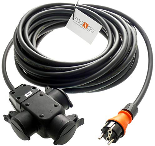 netbote24 Gummikabel-Verlängerungskabel mit 3-Fach Kupplung H07RN-F 3x2,5 mm² (IP44 - Außenbereich) AC 230V / 16A 5m (Schwarz, Typ F)